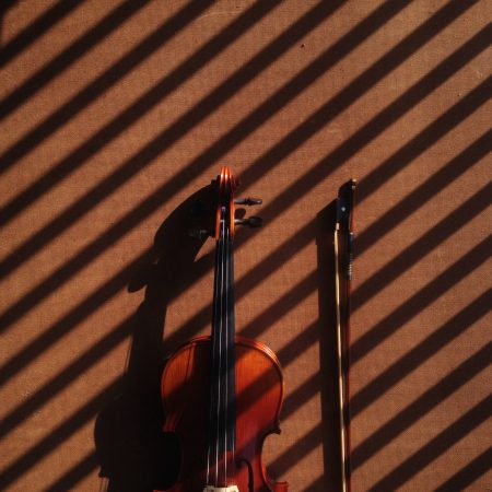 Music instrument violin on brown background shadow