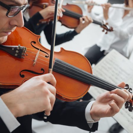 Violinist performing with music sheet